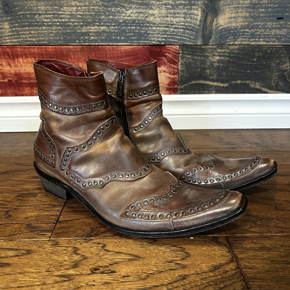 RARE Jo Ghost Brown Leather Ankle Boots Studded Zip Mens 40 Side Zip